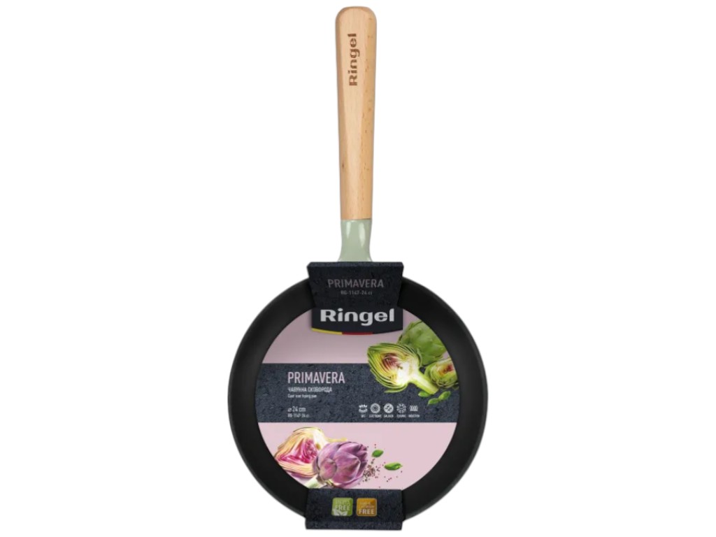 Сковорода Ringel PrimaVera, чугун, дерево, 24см, цвет серый