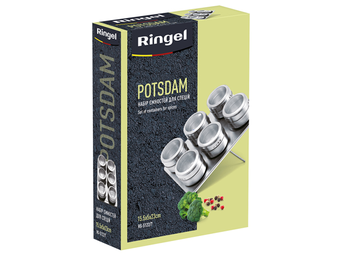 Набор для специй на магнитах Ringel Potsdam, нержавеющая сталь, 6 емкостей + подставка, 15,5×5×23см