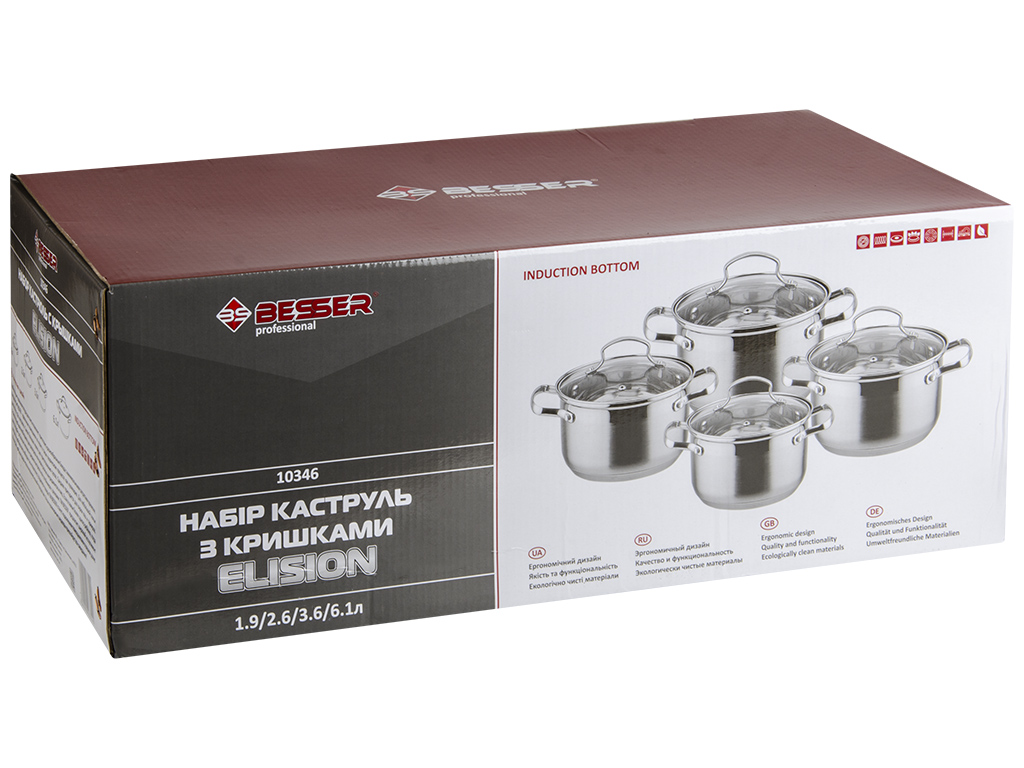 Кастрюли со стеклянными крышками Besser Elision инд. дно 1,6-2,2-3-5,5л (цена за набор 8 пр.)