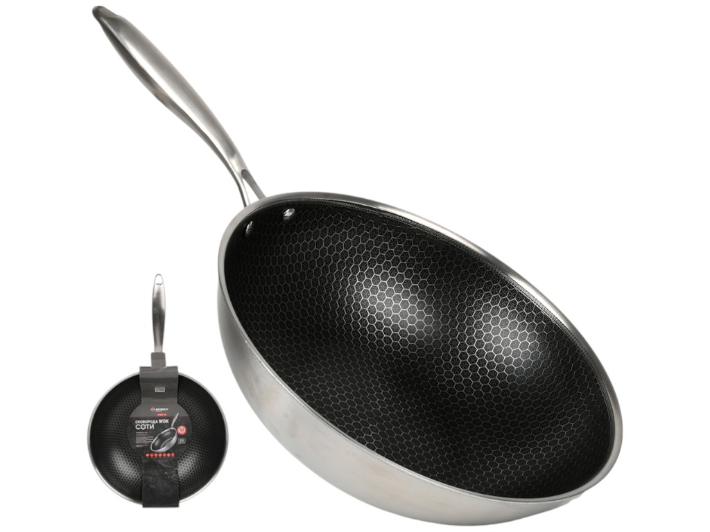 Сковорода WOK с антипригарным покрытием Соты, нержавеющая сталь, 28х8см, цвет стальной