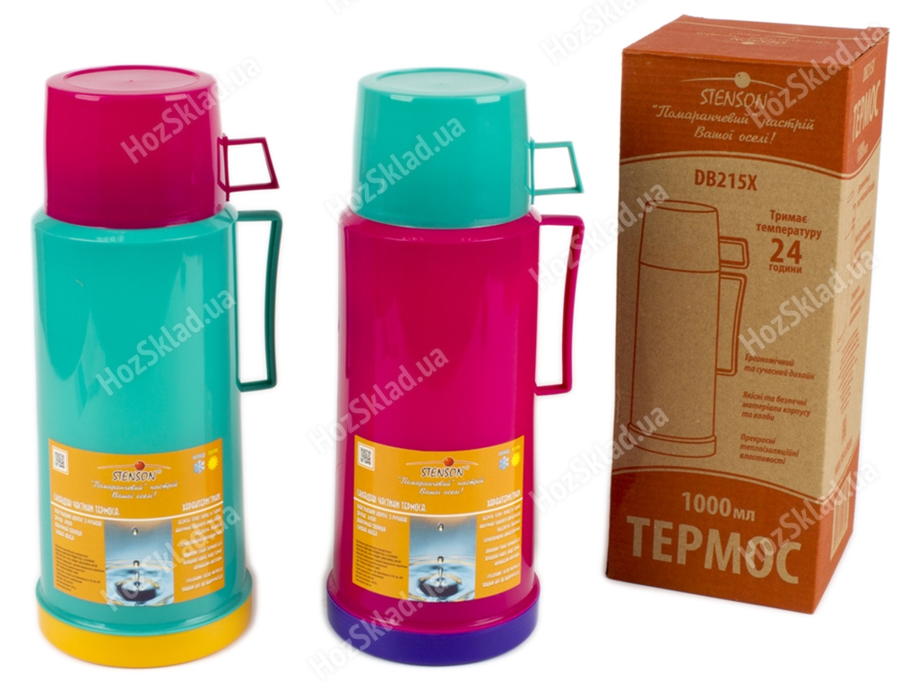 Термос Stenson пластиковый с стеклянной колбой (расцветки ассорти) 1л 4577-10