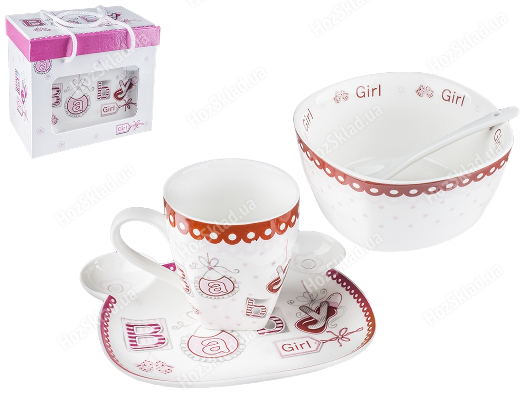 Набор посуды детской, керам. Baby Girl 4 предмета (тарелка, супница 400мл, чашка 175мл, ложка)