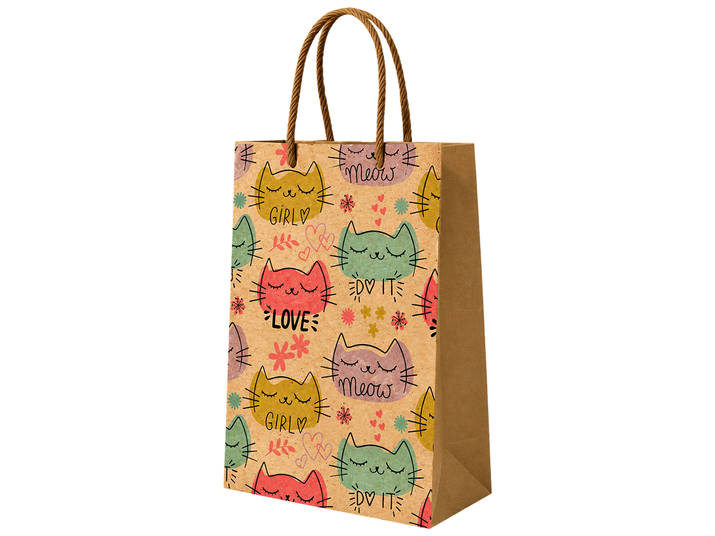 Пакет подарунковий крафтовий L Cats, папір, з ручками, 24×32×10 см