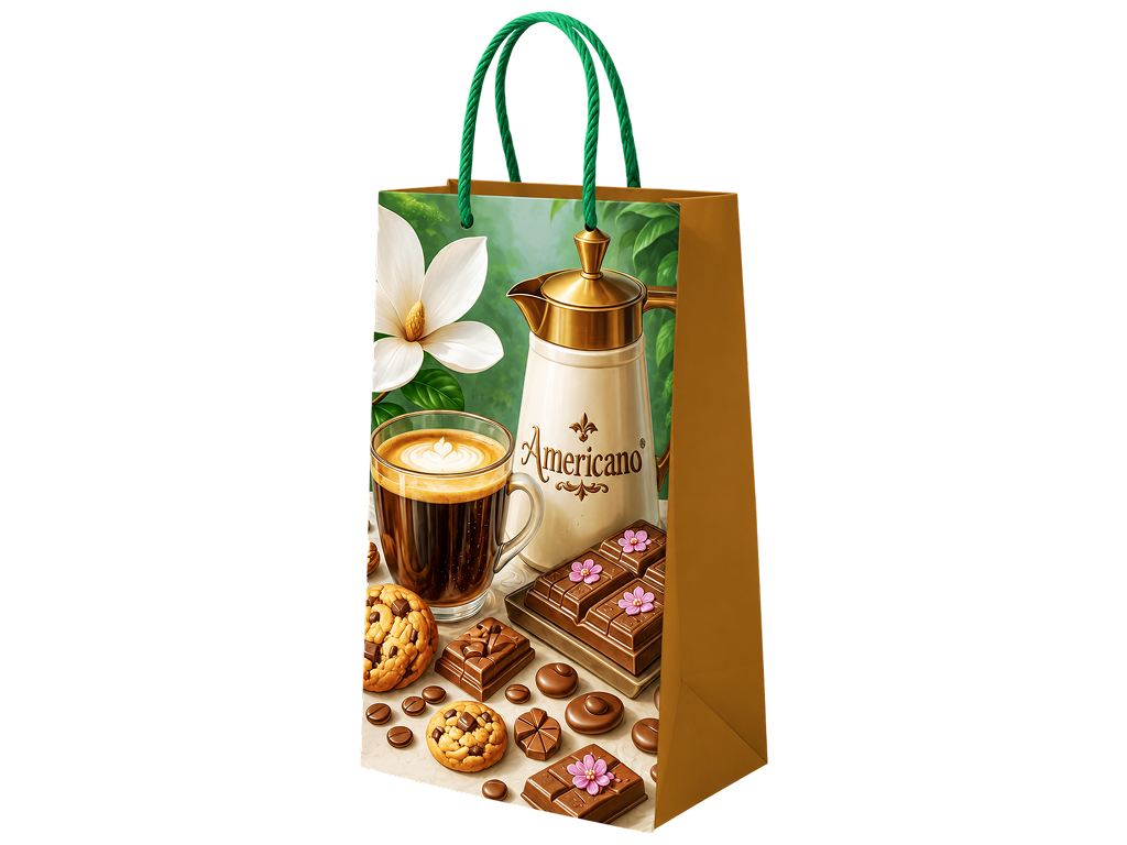 Пакет подарочный бумажный S Sweets, принт кофе и сладости, с ручками, 12×22×6,5 см