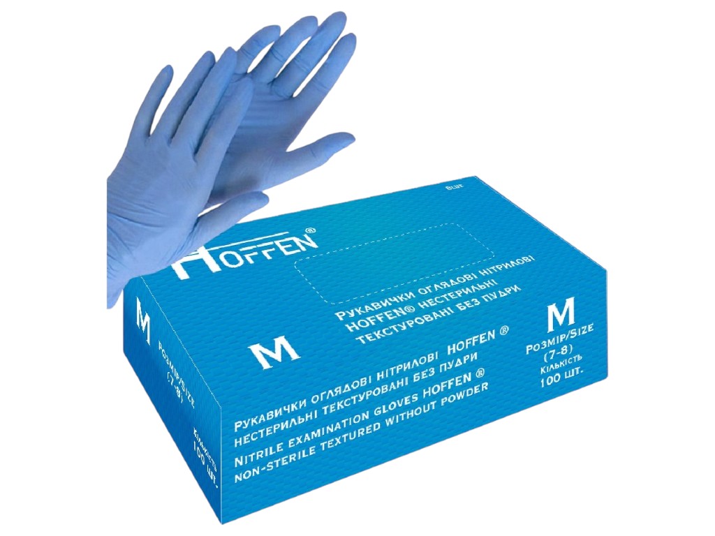 Рукавички нітрилові Hoffen, розмір M, текстуровані нестерильні, 3,2 г, 50 пар, колір синій