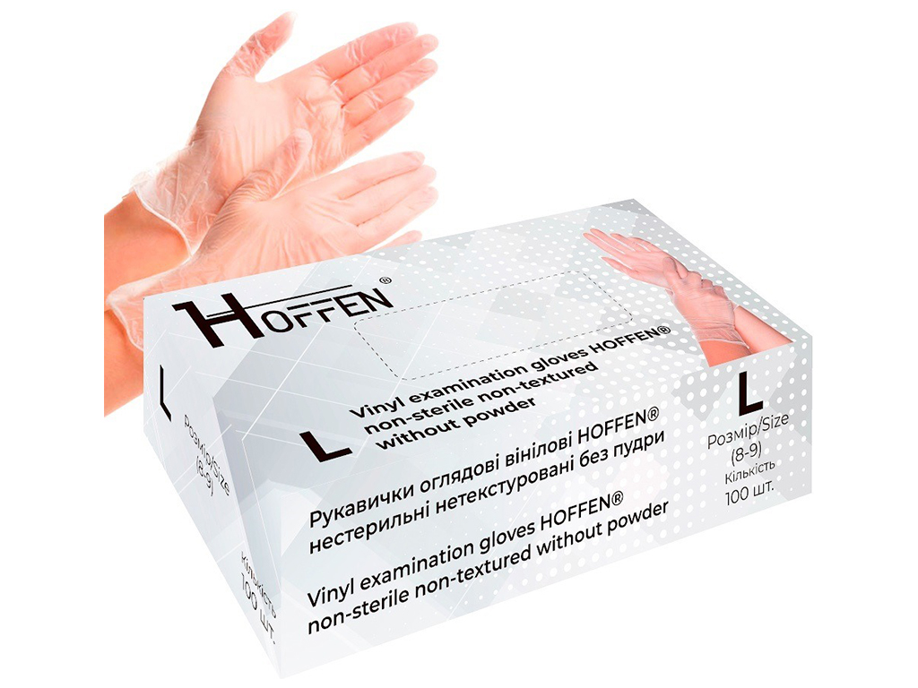Перчатки виниловые L Hoffen 4.0г нестерильные нетекстурированные б/п, 100шт