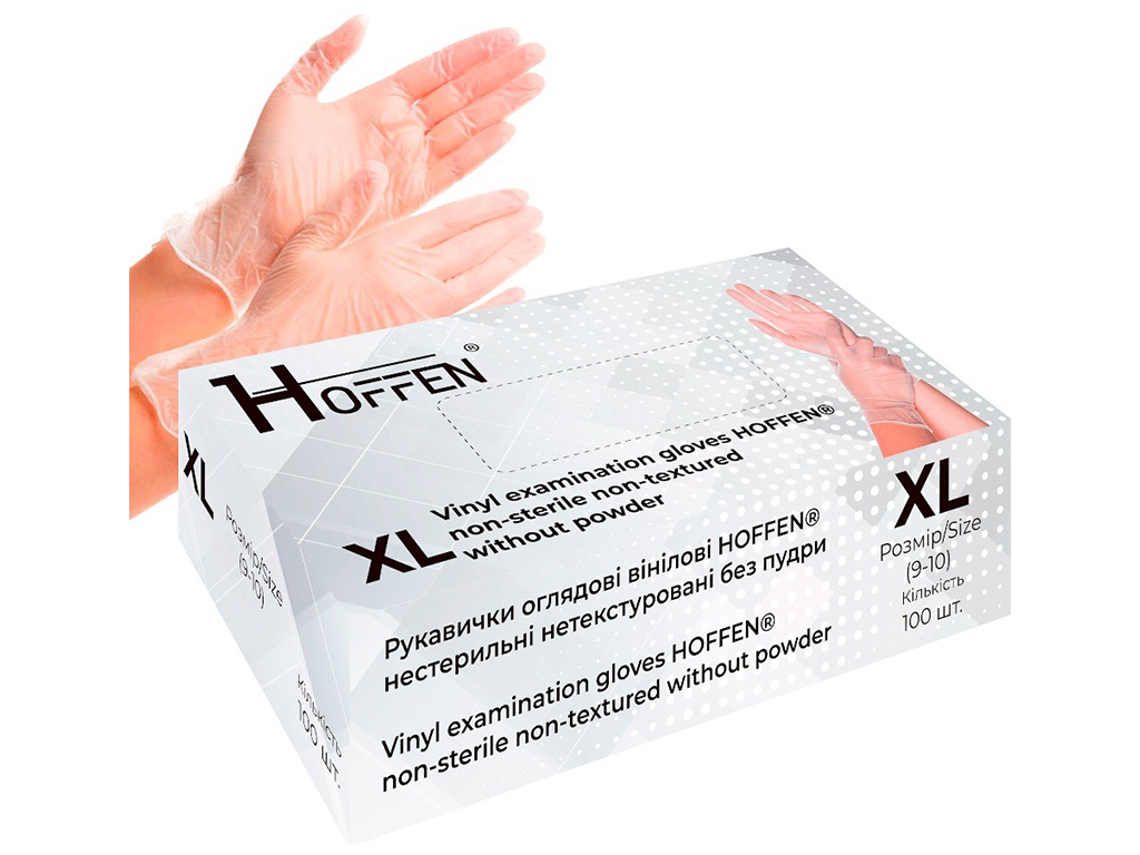 Рукавички вінілові XL Hoffen 4.0г нестерильні нетекстуровані б/п, 100шт