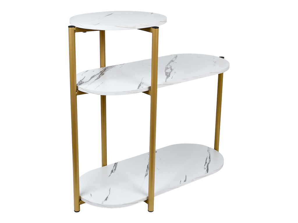 Стол журнальный металлический, трёхъярусный, белый мрамор, 65×40×62см