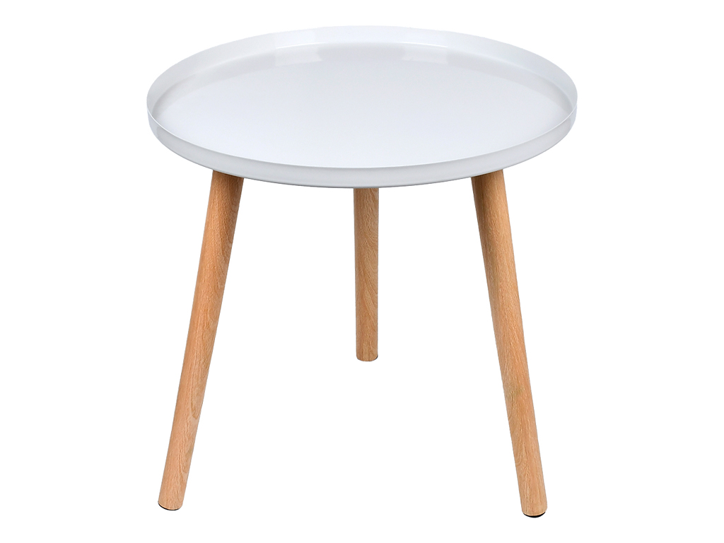 Стол журнальный металлический, круглый, белый с деревянными ножками, 42×42см