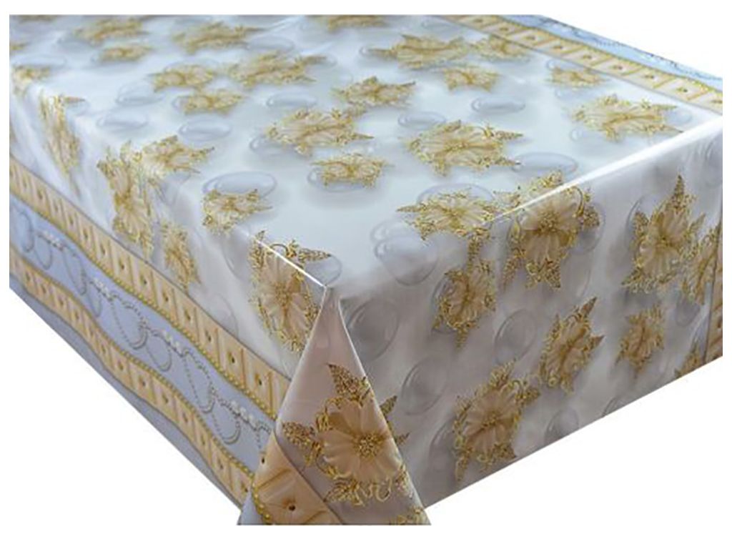 Клеёнка ПВХ 3d, 1.40×20 м, с золотым орнаментом, тканевая основа, цвет белый