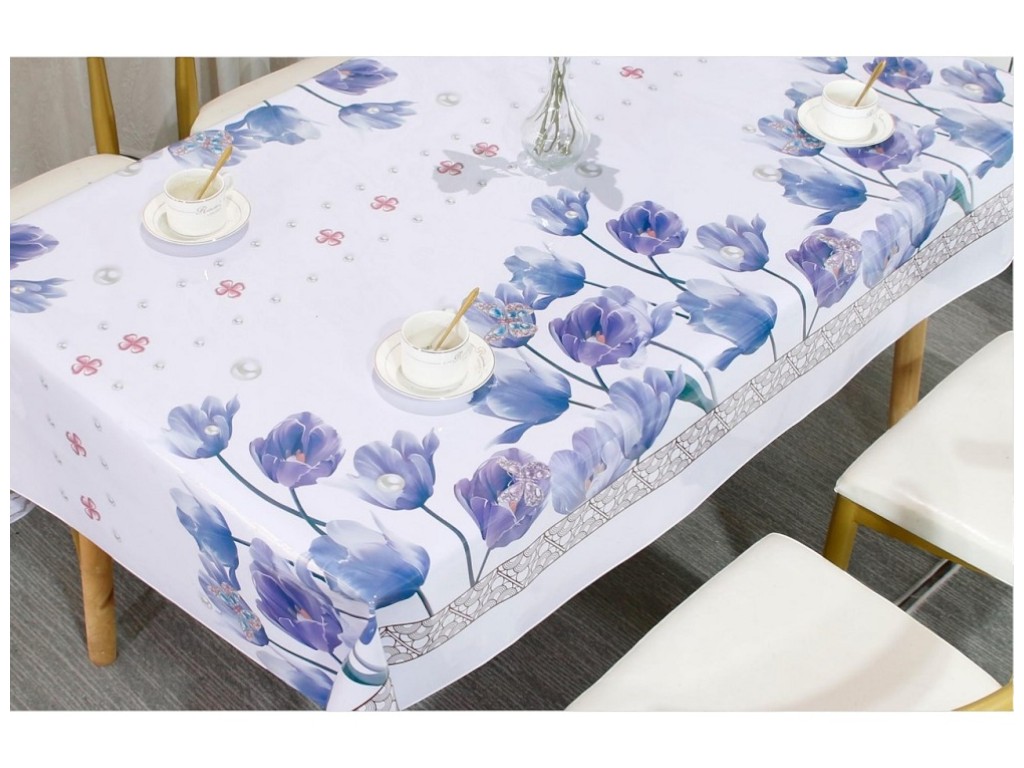 Клеенка Baby Face, на тканевой основе, ПВХ, 1,40×20м, дизайн синие тюльпаны (цена за рулон)