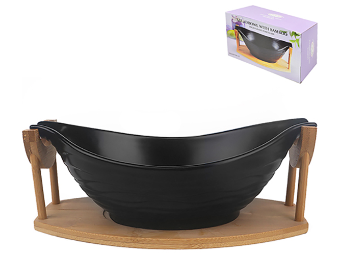 Фруктовница фарфоровая на бамбуковой подставке Black Classic 12" 31х17х12см