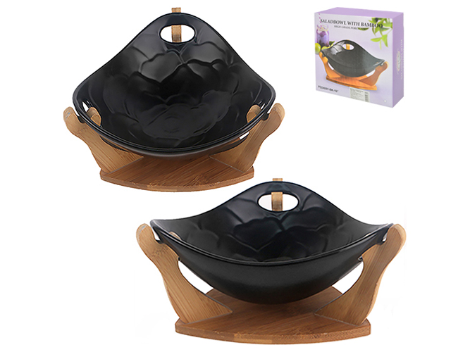 Фруктовница фарфоровая на бамбуковой подставке Black Triangle 10" 26х26х11см