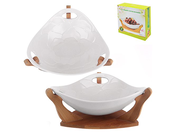 Фруктовница фарфоровая на бамбуковой подставке White Triangle 10" 26х26х11см