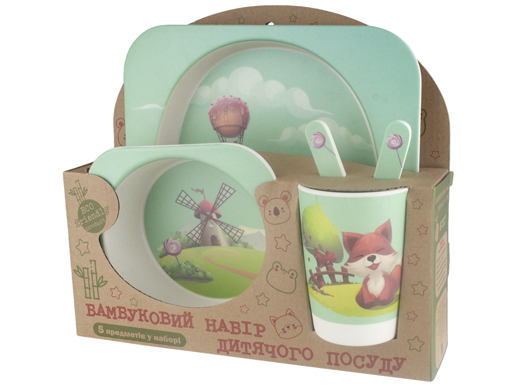Набор детской бамбуковой посуды 5 предметов Stenson "Лиса" (2 тарелки, вилка, ложка, стакан)