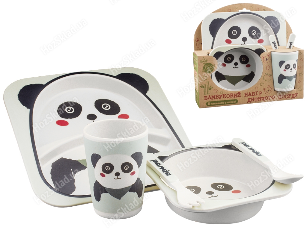 Набір дитячого бамбукового посуду 5 предметів Stenson Панда (тарілки, виделка, ложка, склянка)