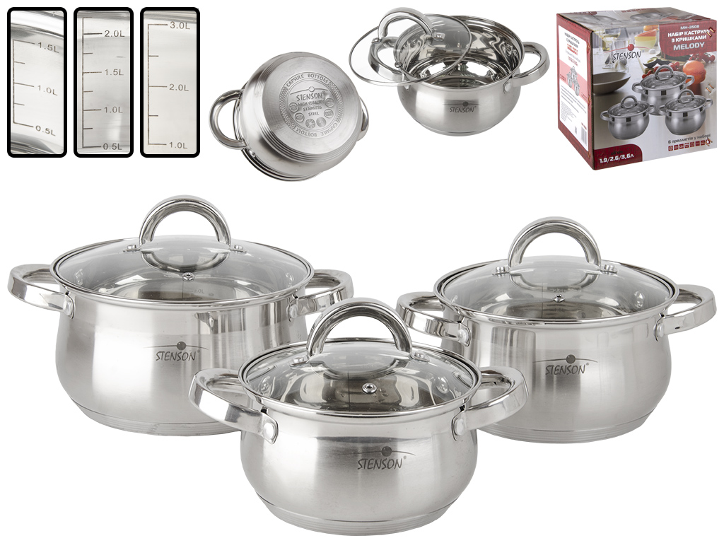 Каструлі зі скляними кришками Stenson Melody індукц. дно 1,9-2,6-3,6л (ціна за набір 6 предметів)
