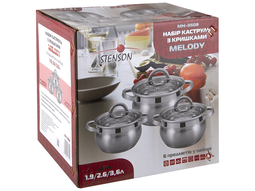 Каструлі зі скляними кришками Stenson Melody індукц. дно 1,9-2,6-3,6л (ціна за набір 6 предметів)