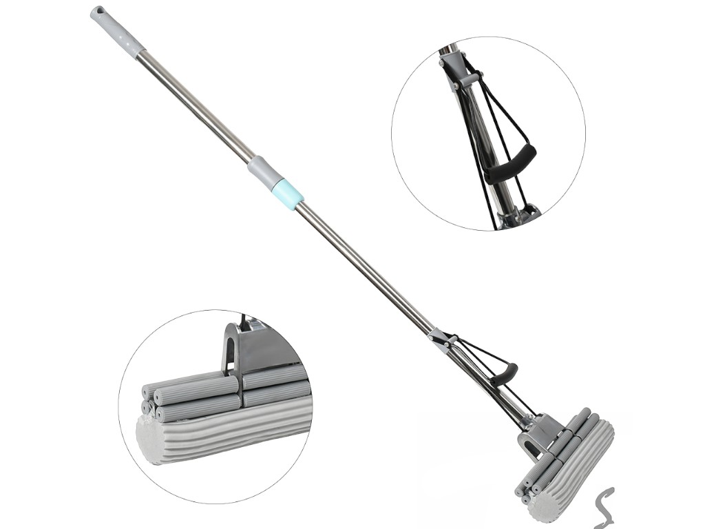 Швабра з віджимом, телескопічна ручка, залізо, пластик, ПВА, 128×27см, колір сірий