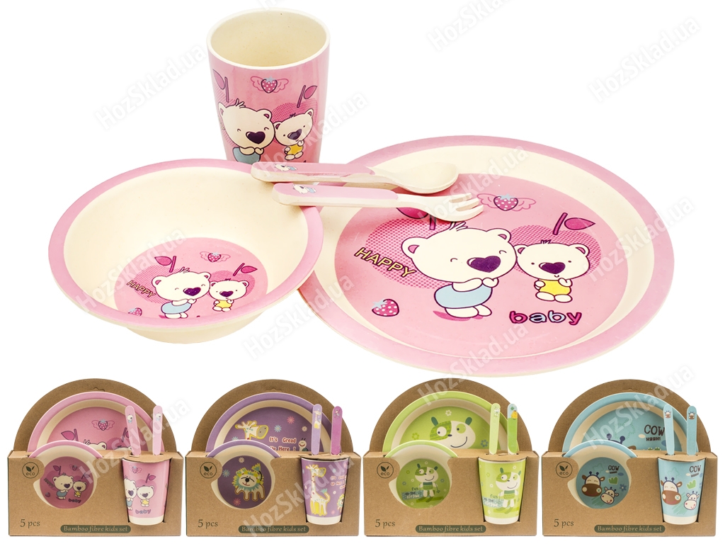 Набор детской бамбуковой посуды 5 предметов (тарелки, вилка, ложка, стакан) цвета ассорти MH-2772