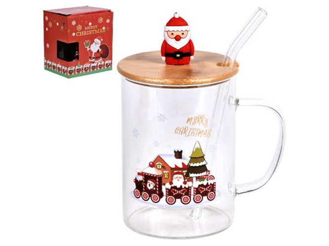 Чашка новогодняя с бамбуковой крышкой и трубочкой "Christmas Spirit" 450мл