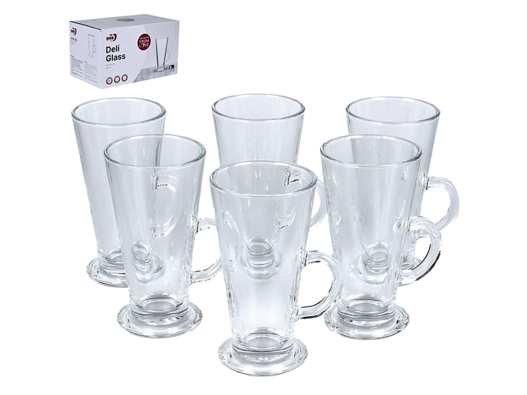 Набор бокалов для латте/коктейлей/напитков, стеклянные с ручкой, 290мл (цена за набор 6шт)