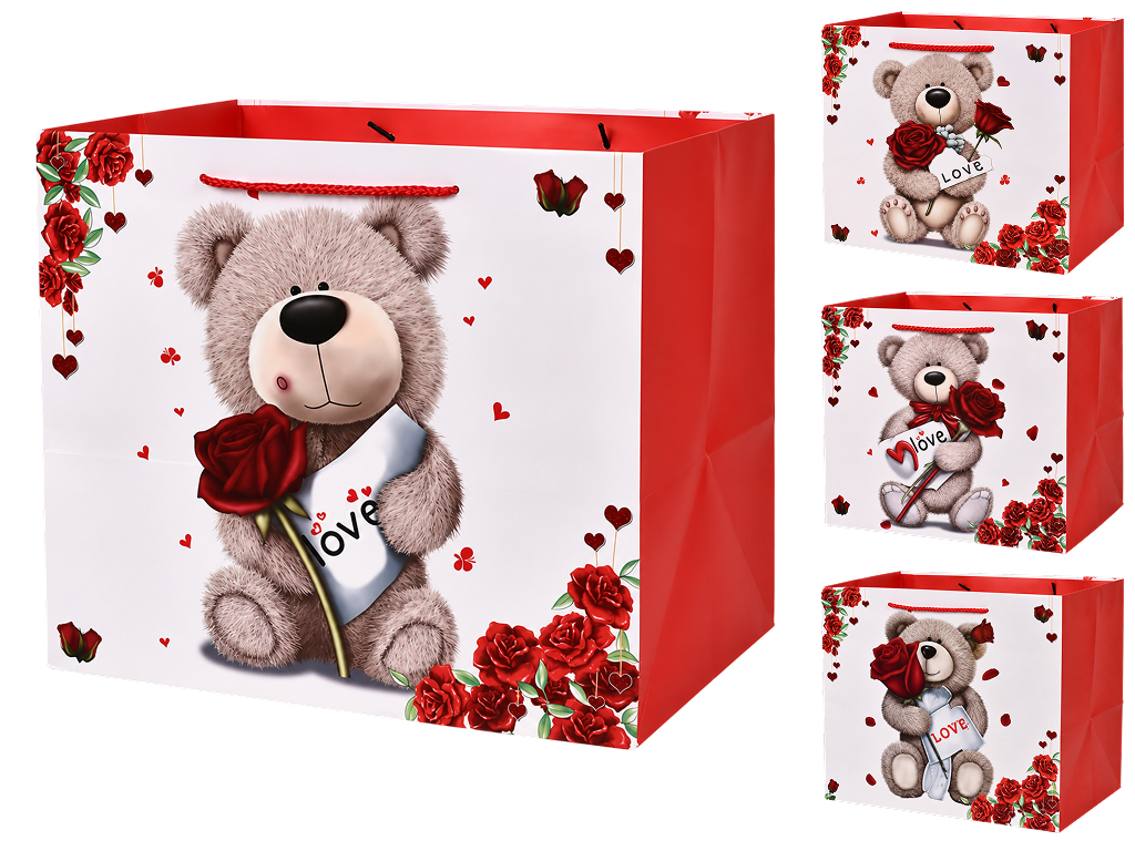 Пакет подарунковий паперовий Teddy Love, розмір L, з ручками, 31×37×26 см, 4 дизайни (ціна за 1шт)