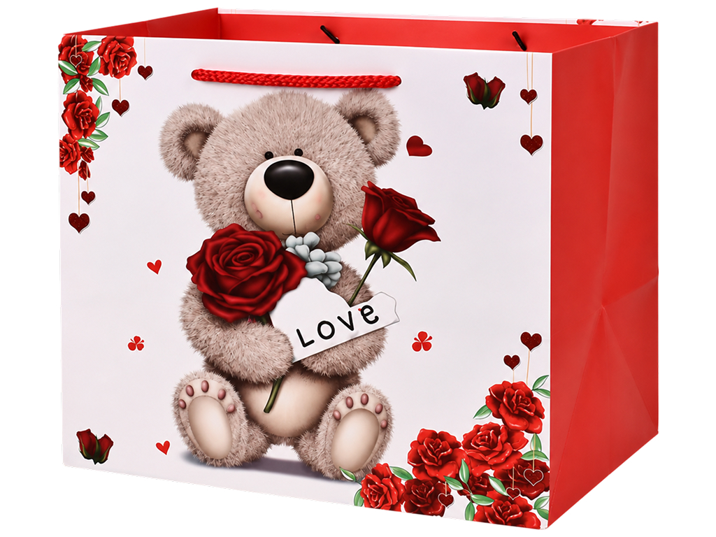 Пакет подарочный бумажный Teddy Love, размер L, с ручками, 31×37×26 см, 4 дизайна (цена за 1шт)
