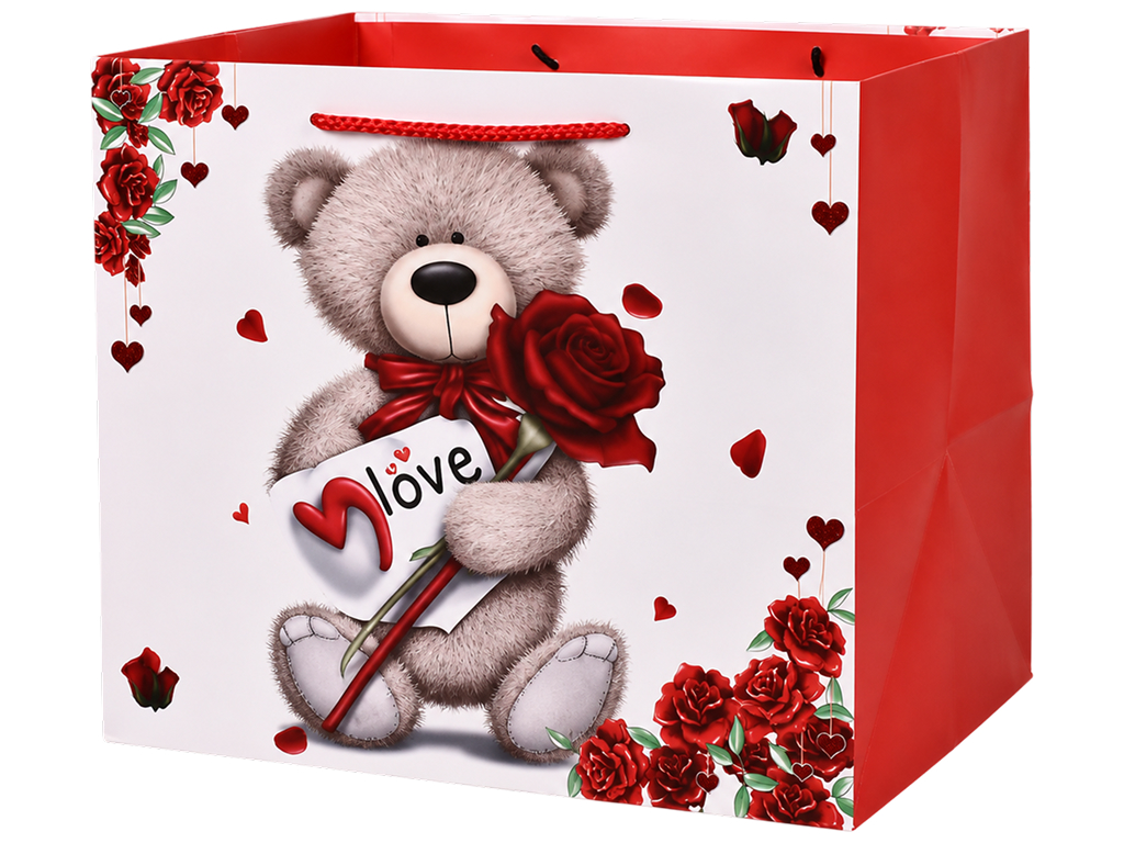Пакет подарочный бумажный Teddy Love, размер L, с ручками, 31×37×26 см, 4 дизайна (цена за 1шт)