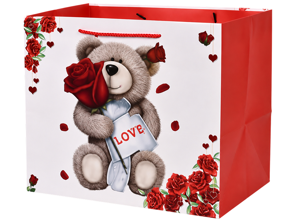 Пакет подарочный бумажный Teddy Love, размер L, с ручками, 31×37×26 см, 4 дизайна (цена за 1шт)