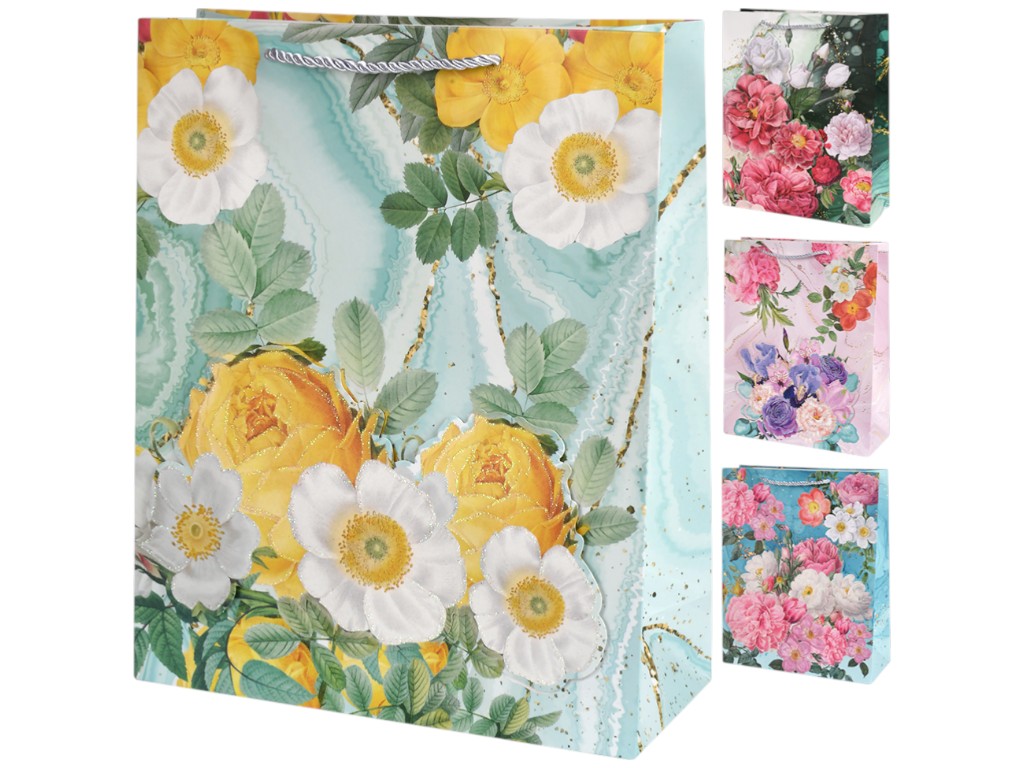 Пакет подарочный Flowers 3D, бумага, 18х24х8,5см, 4 дизайна (цена за 1шт)