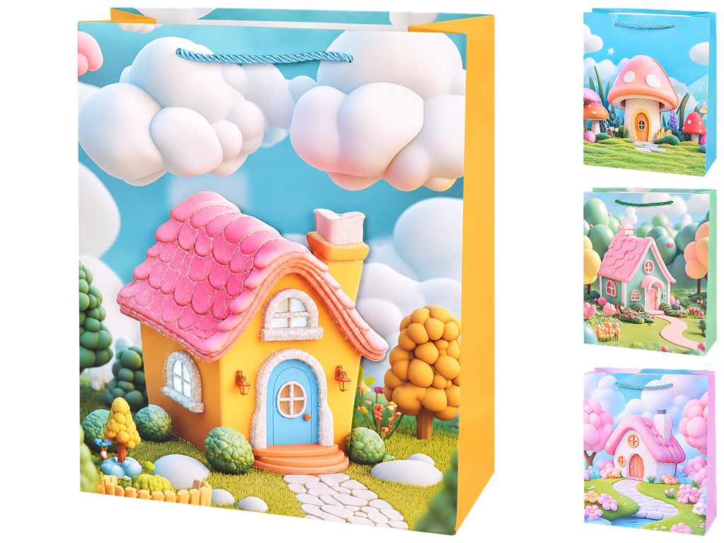 Пакет подарунковий паперовий Fairytale house 3D, розмір M,  26×32×10 см, 4 дизайни (ціна за 1шт)