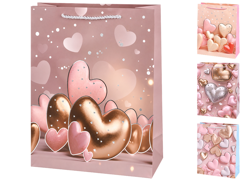 Пакет подарунковий паперовий Hearts, розмір L, 30×41,5×12 см, 4 дизайни (ціна за 1шт)