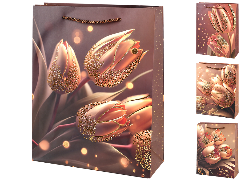 Пакет подарунковий паперовий Tulips, розмір M,  26×32×10 см, 4 дизайни (ціна за 1шт)