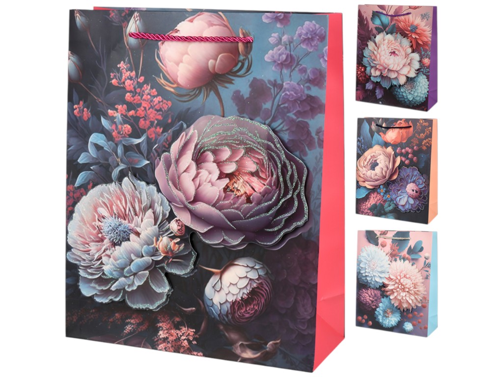 Пакет подарочный Flowers 3D, бумага, 26×32×10см, 4 дизайна (цена за 1шт)