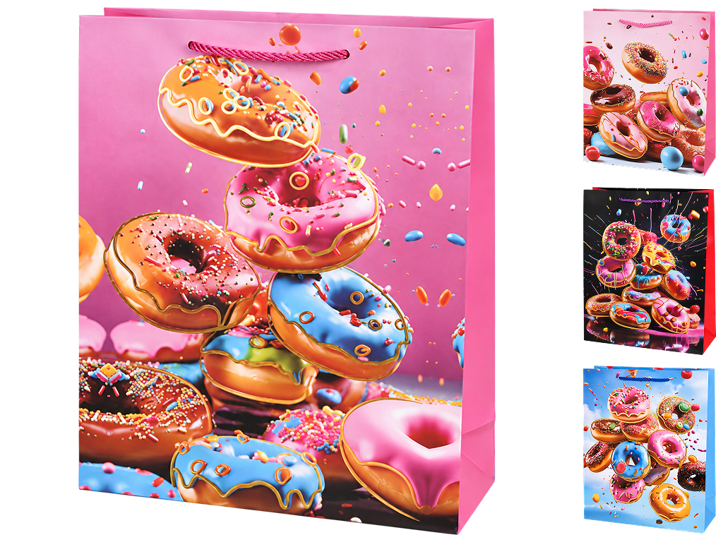 Пакет подарочный бумажный Donuts, размер S,18×23×10 см, 4 дизайна (цена за 1шт)
