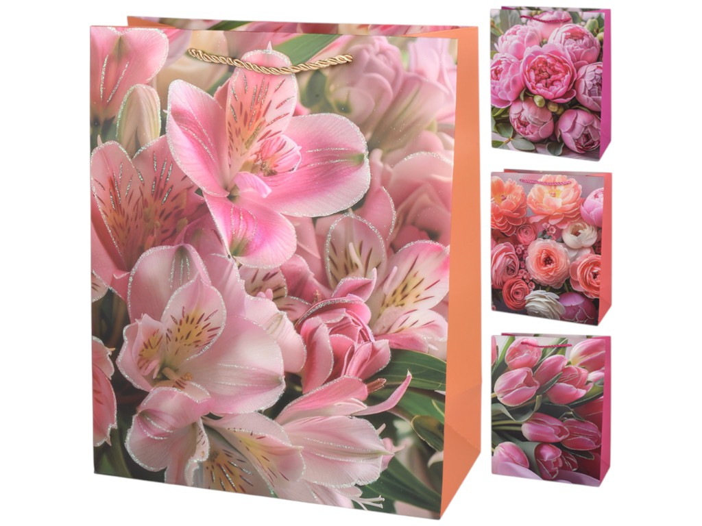 Пакет подарочный Flowers, бумага, 26×32×12см, 4 дизайна (цена за 1шт)