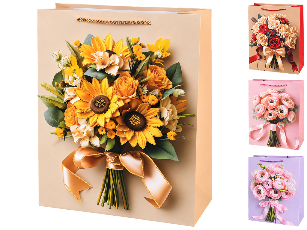 Пакет подарочный бумажный Bouquet, размер M, 26×32×12 см, 4 дизайна (цена за 1шт)