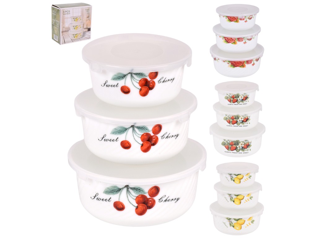 Набор салатников с крышками, стеклокерамика, 14/16,5/19,5см, 4 дизайна (цена за набор 3 предмета)