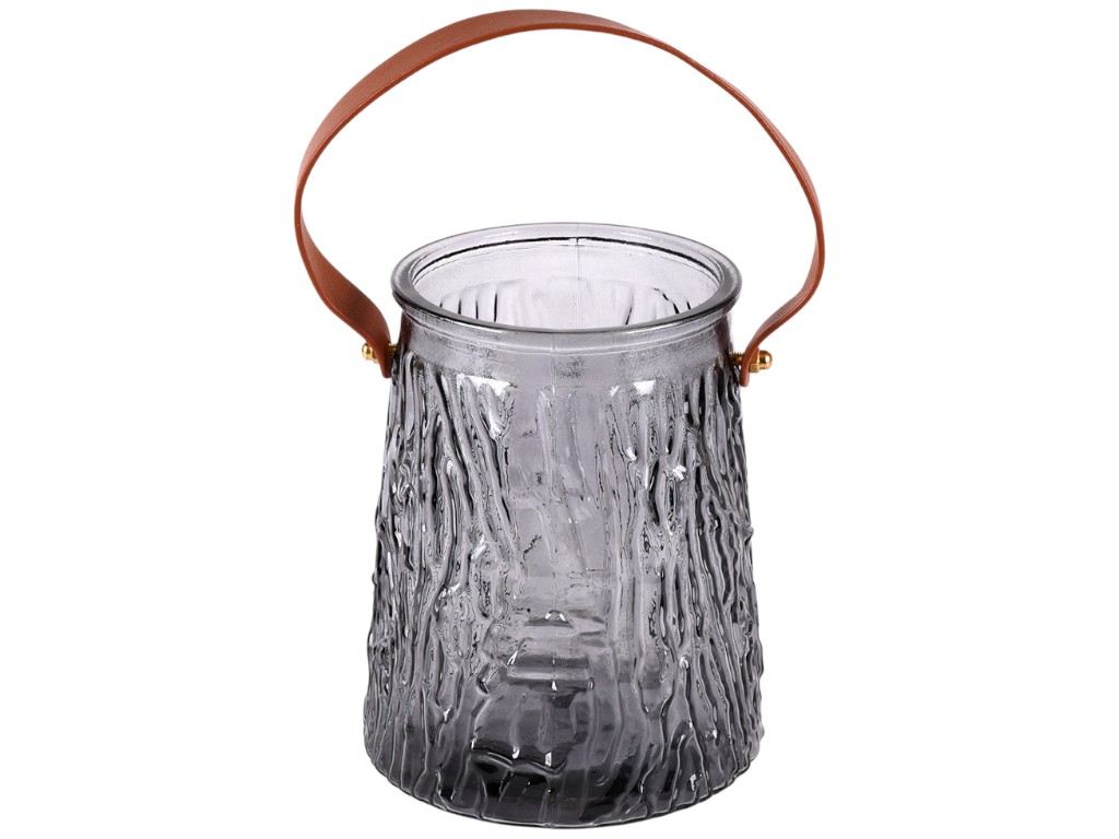 Ваза с рифленым стеклом и кожаной ручкой, 16×10см, цвет дымчато-серый