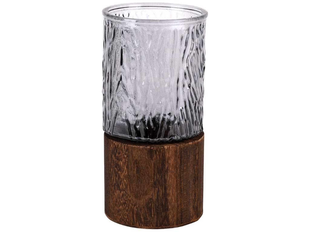 Ваза з рифленим склом та дерев'яною основою, 10×20см, колір димчасто-сірий