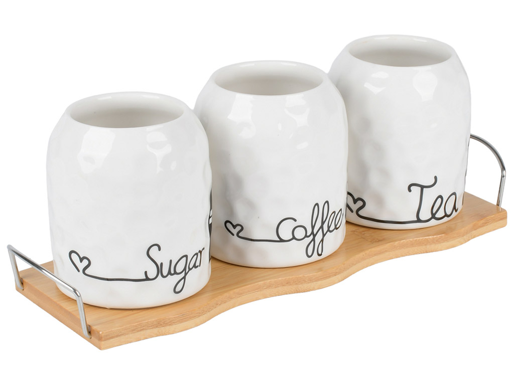 Набір банок на бамбуковій підставці, фарфор, 350мл, колір білий (ціна за 4 предмети)