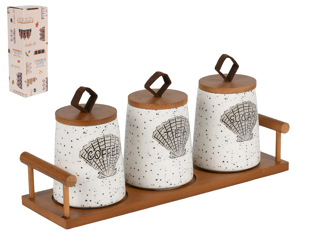 Набор банок на бамбуковой подставке, фарфор, 280мл, цвет коричневый (цена за 4 предмета)