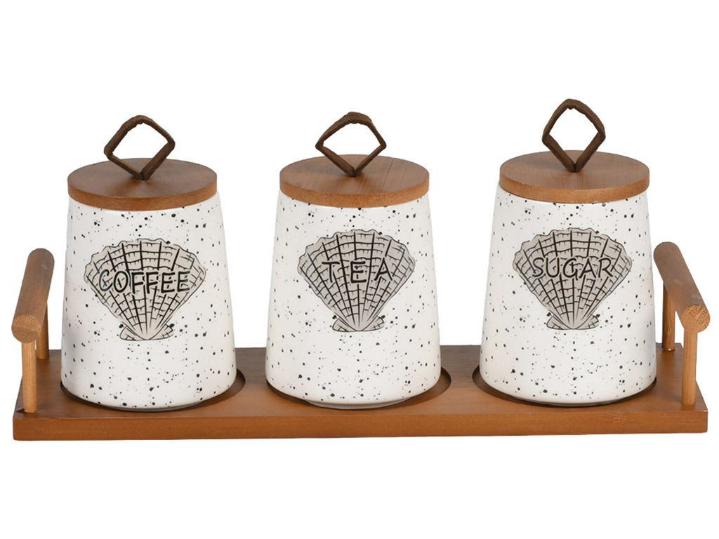 Набор банок на бамбуковой подставке, фарфор, 280мл, цвет коричневый (цена за 4 предмета)