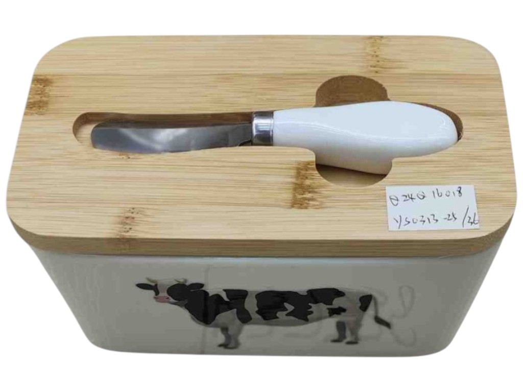 Масленка с ножом и крышкой, фарфор, бамбук, 17×10×8см, цвет белый