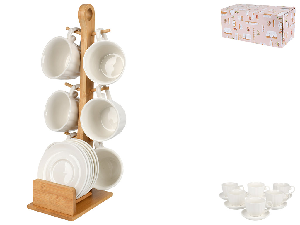 Сервиз чайный на бамбуковой подставке, фарфор, 180мл, цвет белый (цена за набор 13пр)