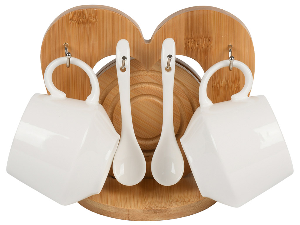 Набір чайний, чашка, ложка, підставка, порцеляна, бамбук, 200мл, колір білий (ціна за набір 5пр)