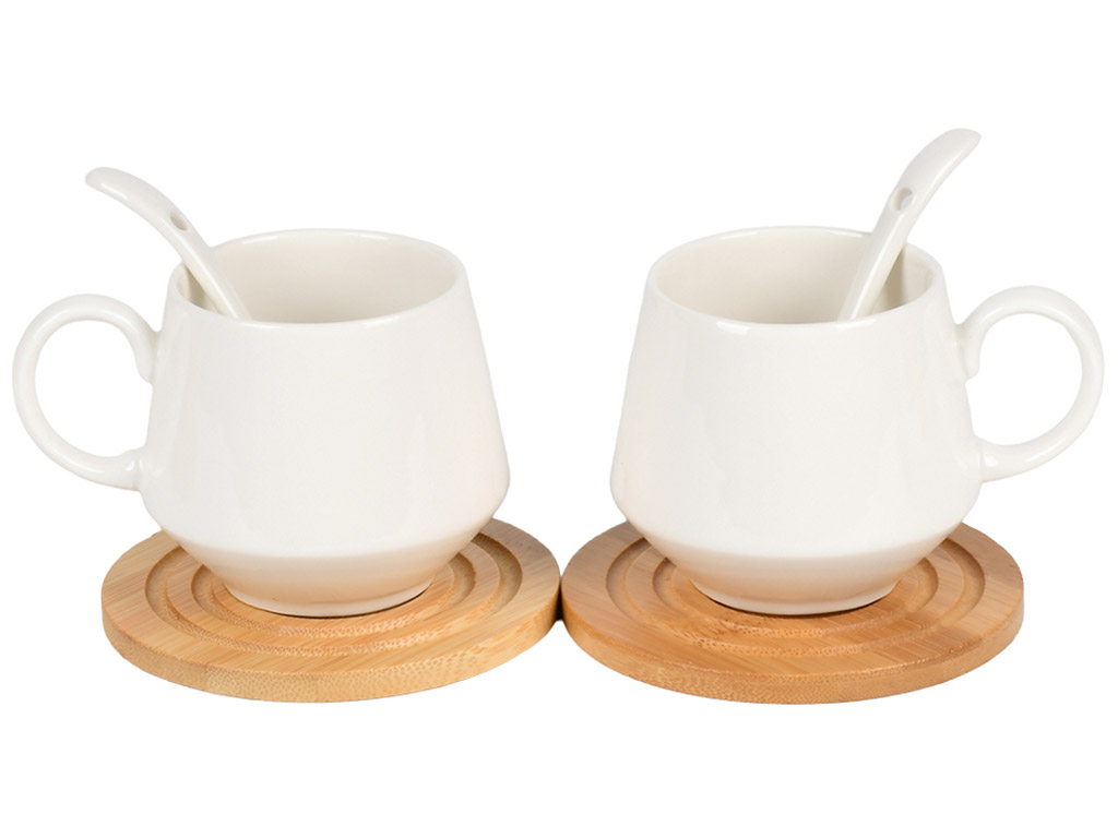 Набір чайний, чашка, ложка, підставка, порцеляна, бамбук, 200мл, колір білий (ціна за набір 5пр)