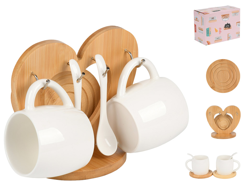 Набор чайный, чашка, ложка, подставка, фарфор, бамбук, 200мл, цвет белый (цена за набор 5пр)