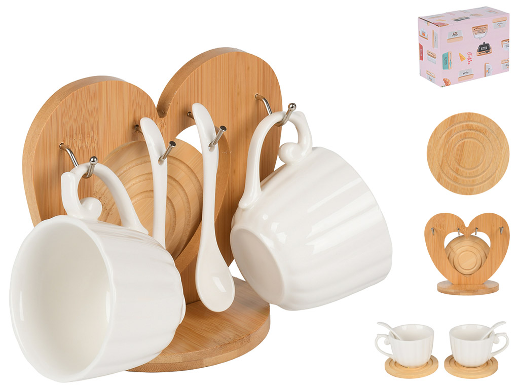 Набор чайный, чашка, ложка, подставка, фарфор, бамбук, 200мл, цвет белый (цена за набор 5пр)